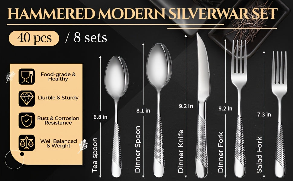 Hammered Mirror Flatware 30/40pc